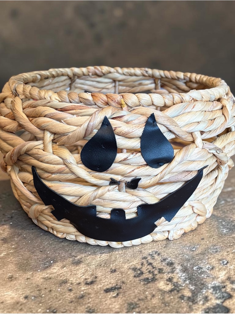 Woven Pumpkin Face Basket with Black Accent